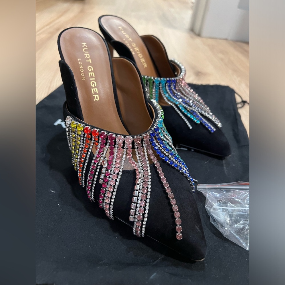Kurt Geiger Black heels with rainbow rhinestone tassels